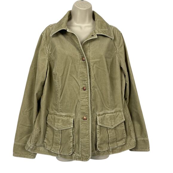 Eddie Bauer Jacket Womens XL Tan Beige Stretch Corduroy Boho Cargo Pocket Chore - Picture 1 of 16